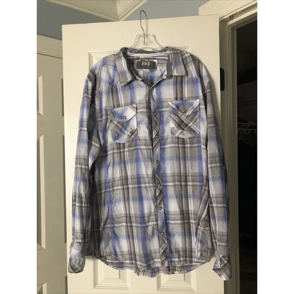 BKE Shirt Men’s XL Blue Plaid Athletic Fit Pearl Snap Long Sleeve Western - Picture 1 of 7